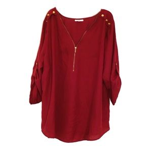 Maroon 3/4 sleeve blouse with gold accents